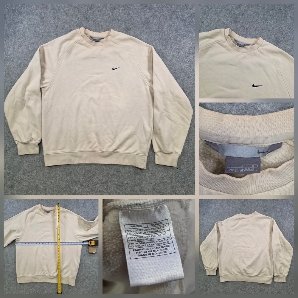 VTG Y2K Nike Sweatshirt Mens Large Beige Fleece Crewneck Swoosh Logo Pullover